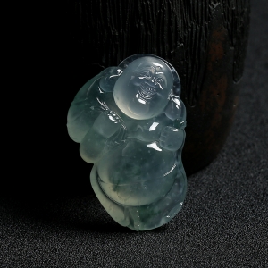 冰种浅绿飘花翡翠逍遥佛挂件
