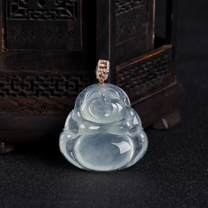 糯冰种飘花翡翠弥勒佛吊坠