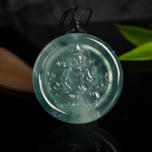 糯冰种飘花翡翠绿度母吊坠