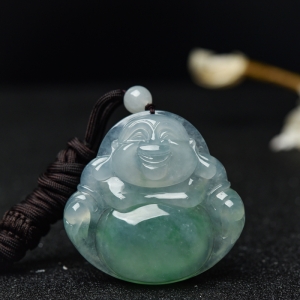 糯冰种飘翠翡翠弥勒佛吊坠