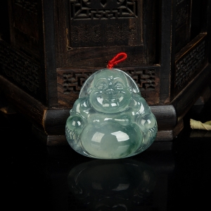 糯冰种飘花翡翠弥勒佛吊坠
