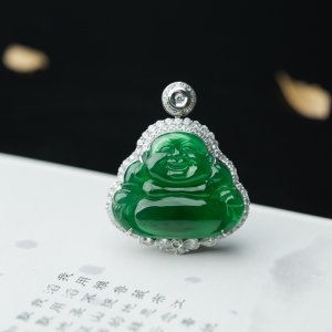 18K冰种阳绿翡翠弥勒佛吊坠