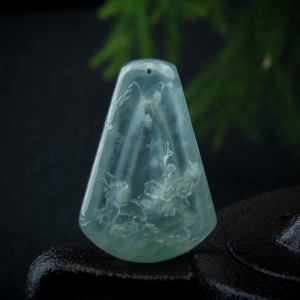 冰种浅绿翡翠加官授禄吊坠