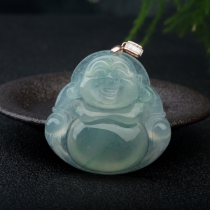 银镶冰种飘翠翡翠弥勒佛吊坠