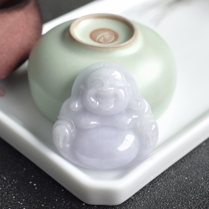 糯种浅紫色翡翠弥勒佛吊坠