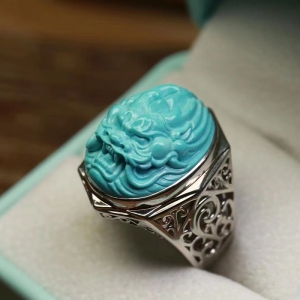 银镶高瓷蓝色绿松石龙戒指