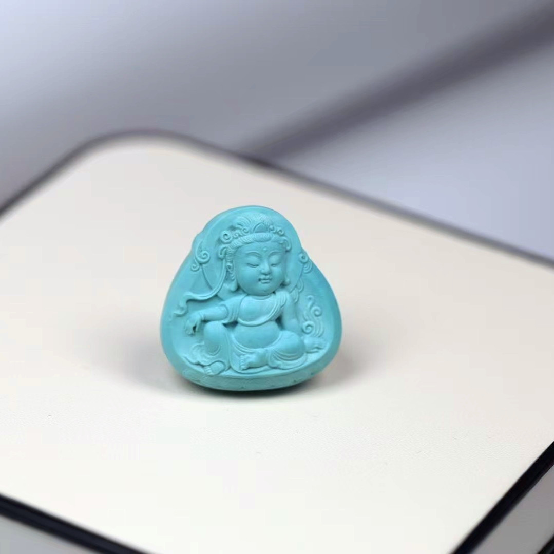 高瓷蓝色绿松石自在观音吊坠