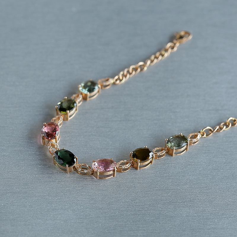 18K金镶钻天然巴西彩色碧玺手链 - 红掌柜
