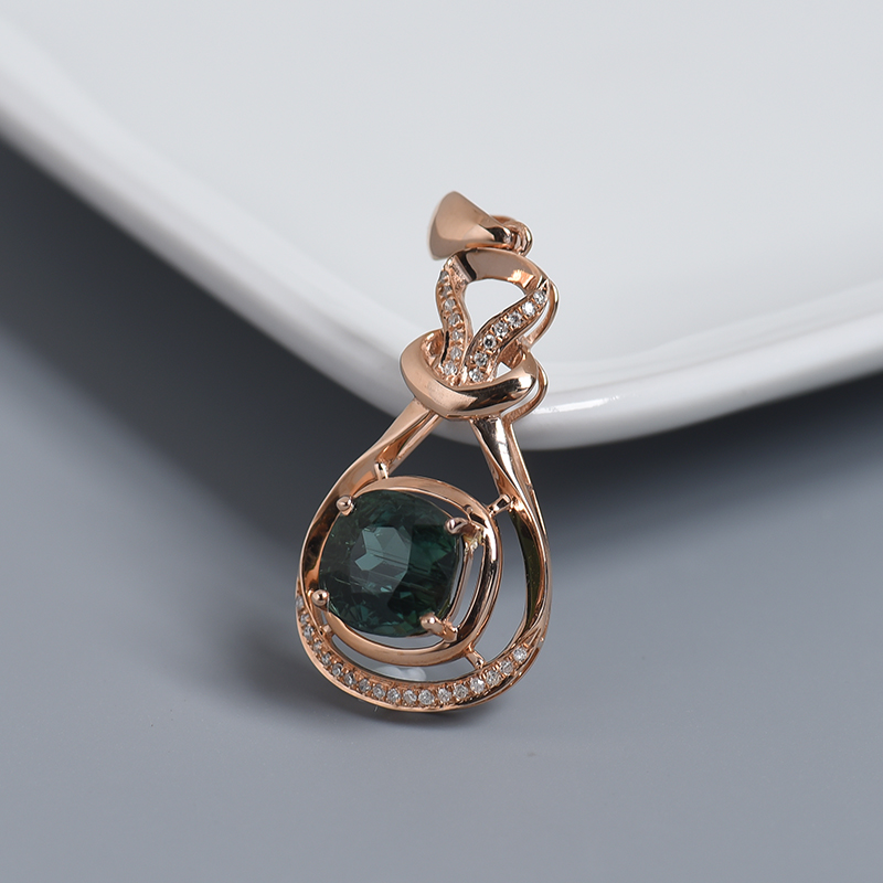 天然18K金镶钻绿色碧玺吊坠 - 红掌柜