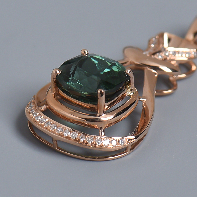 巴西18K金镶钻绿色碧玺吊坠 - 红掌柜