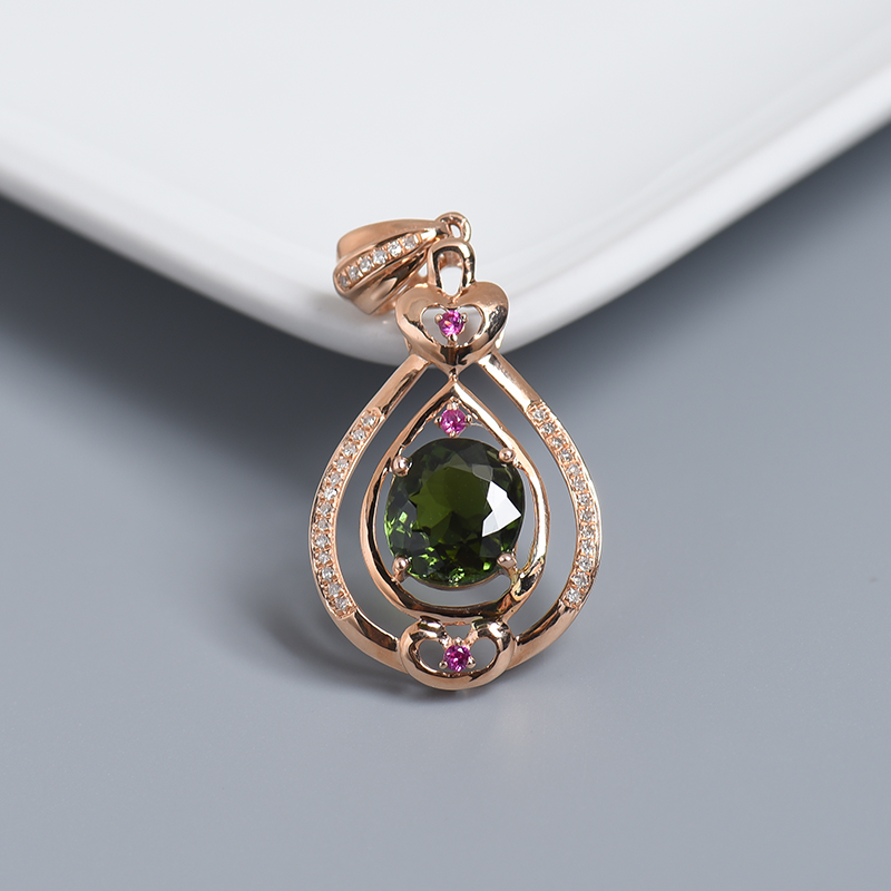 巴西天然18K金镶钻绿色碧玺吊坠 - 红掌柜