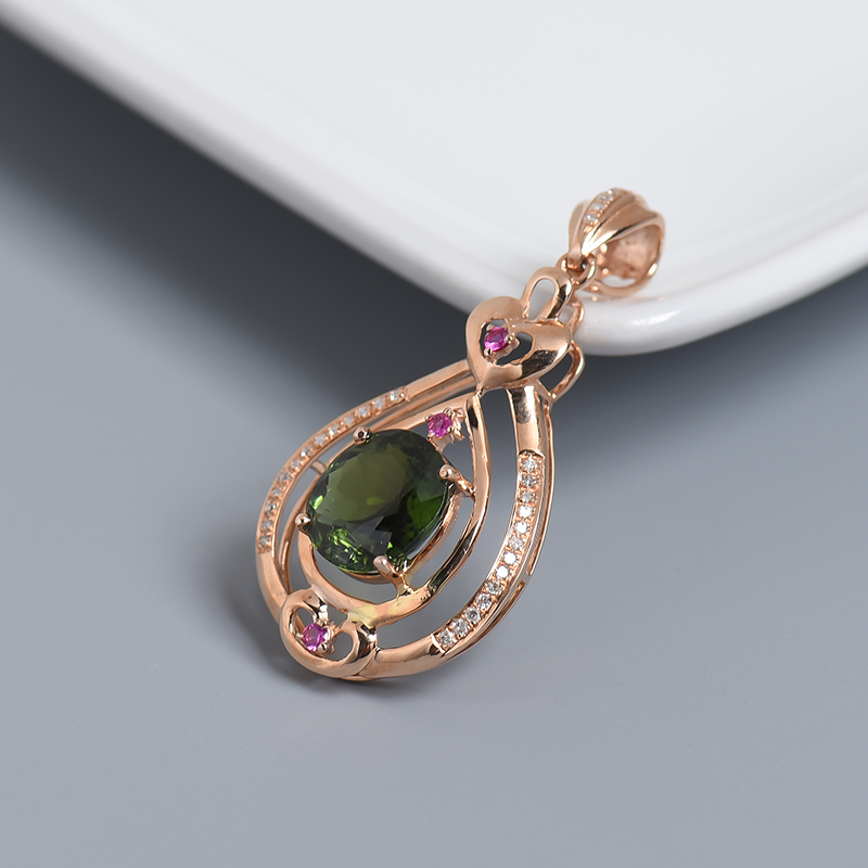 天然18K金镶钻绿色碧玺吊坠 - 红掌柜