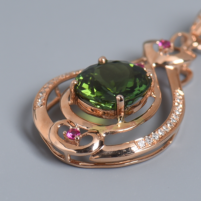 巴西18K金镶钻绿色碧玺吊坠 - 红掌柜