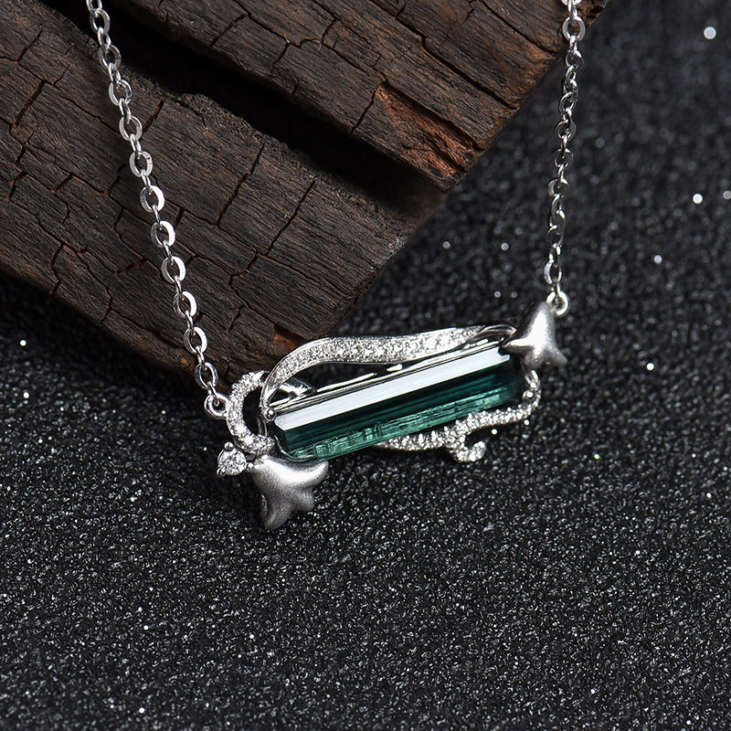 白金镶钻巴西天然绿碧玺吊坠-红掌柜