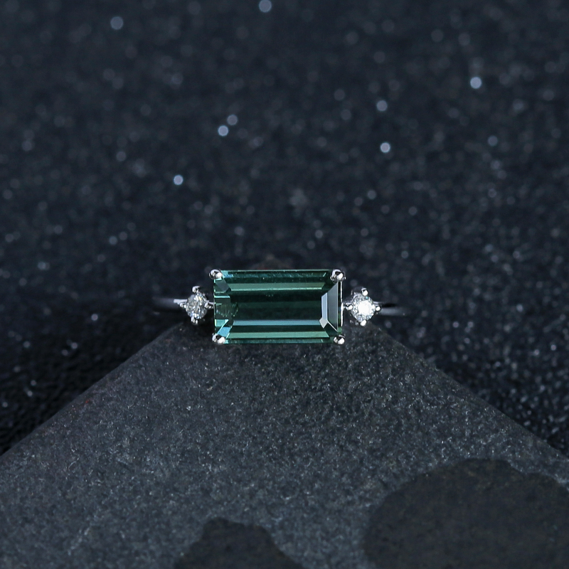 巴西天然18K白金镶钻绿碧玺戒指 - 红掌柜