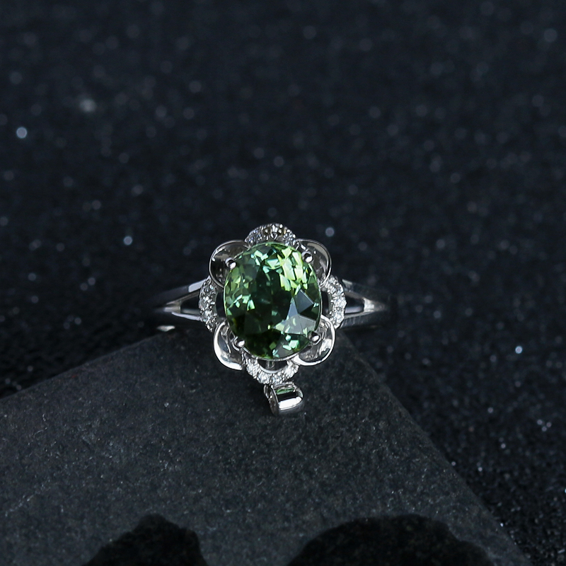 巴西天然18K白金镶钻绿碧玺戒指 - 红掌柜