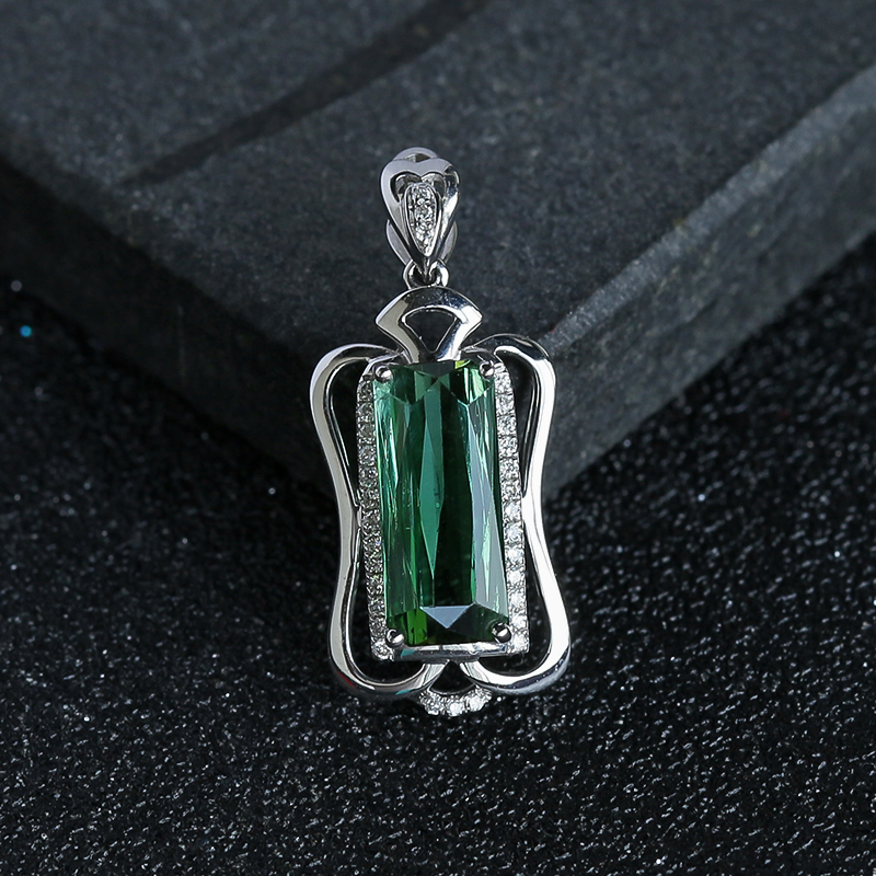 巴西天然18K白金镶钻绿碧玺吊坠 - 红掌柜