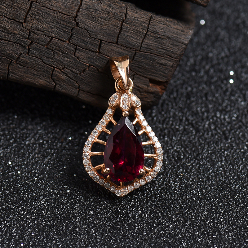 18K金镶钻巴西天然红碧玺吊坠-红掌柜