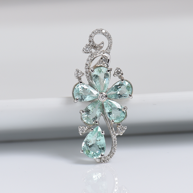 18K金镶钻蓝色帕拉伊巴碧玺刻面吊坠-红掌柜