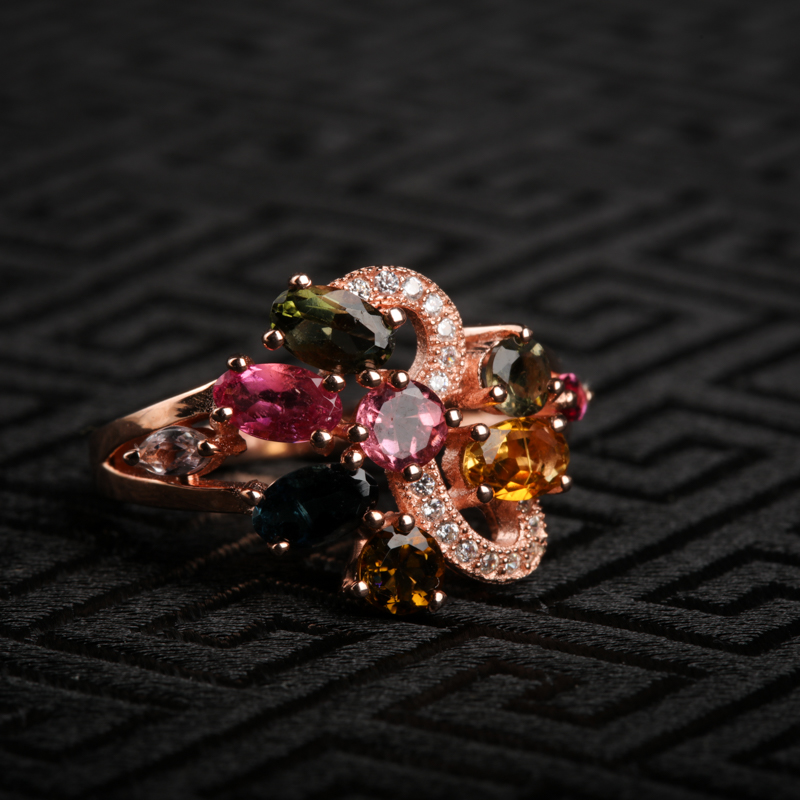 天然银镶碧玺戒指-红掌柜