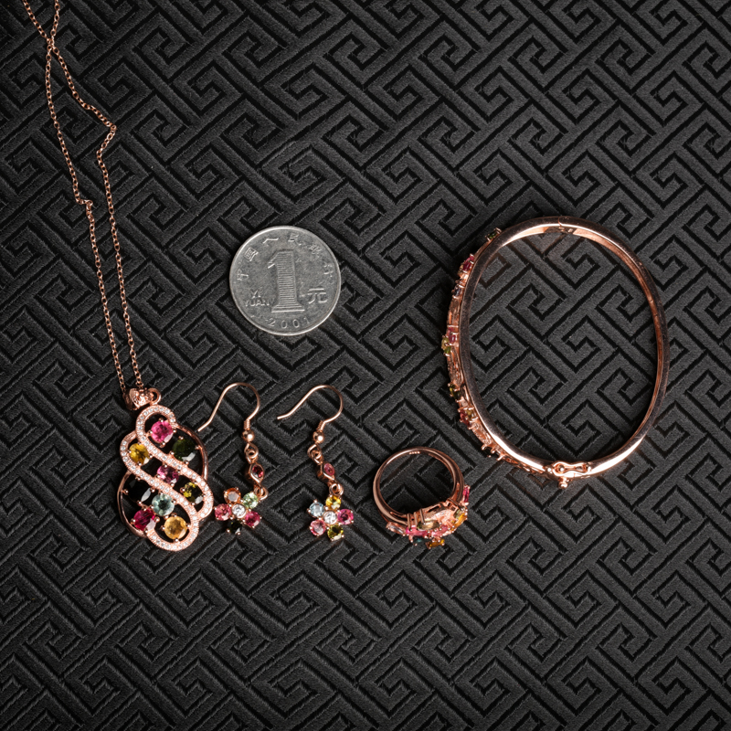 天然银镶碧玺手镯戒指耳坠吊坠-红掌柜