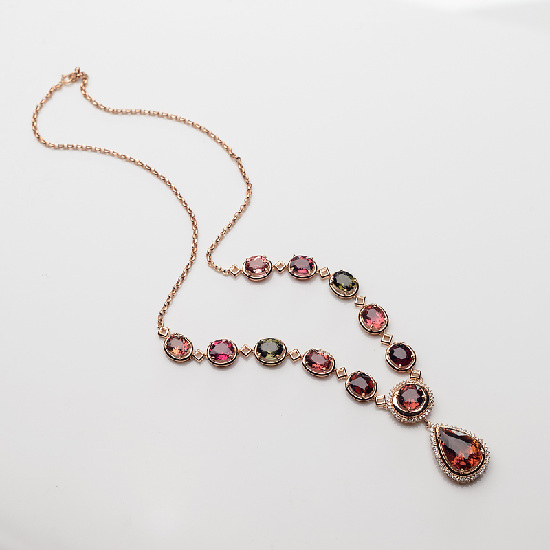 18K金镶钻巴西天然多色碧玺项链-红掌柜