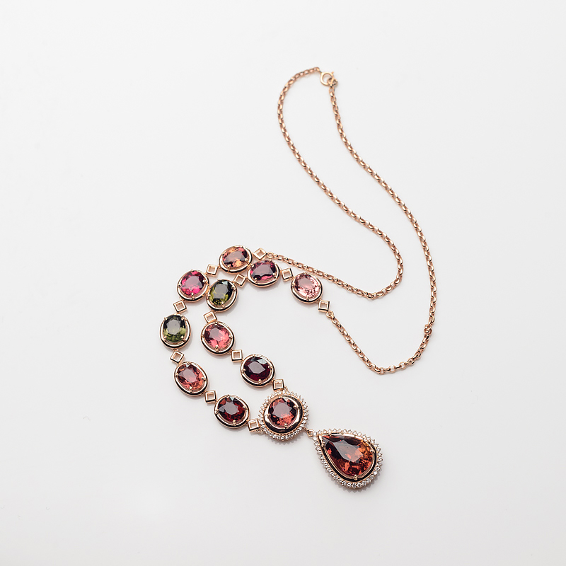 18K金镶钻天然多色碧玺项链-红掌柜