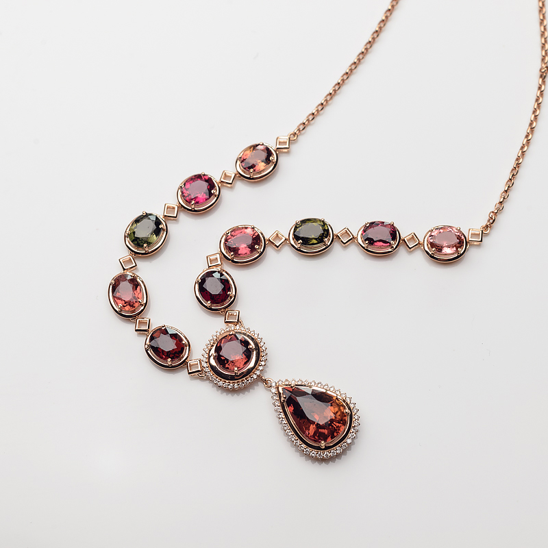 18K金镶钻巴西多色碧玺项链-红掌柜