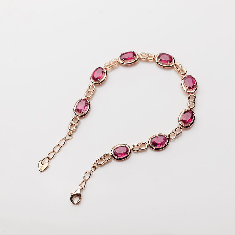 18K金镶钻天然卢比莱色碧玺手链-红掌柜