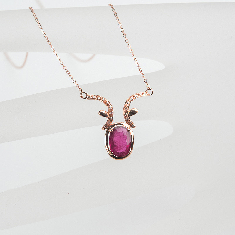 18K金镶钻玫红碧玺锁骨链-红掌柜