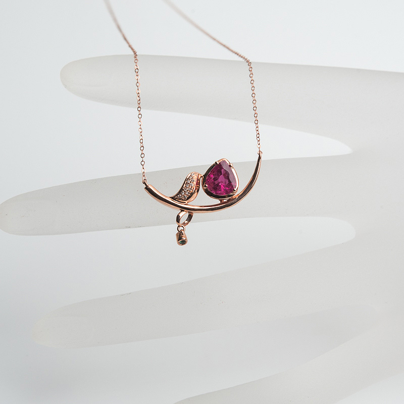 18K金镶钻玫红碧玺锁骨链-红掌柜