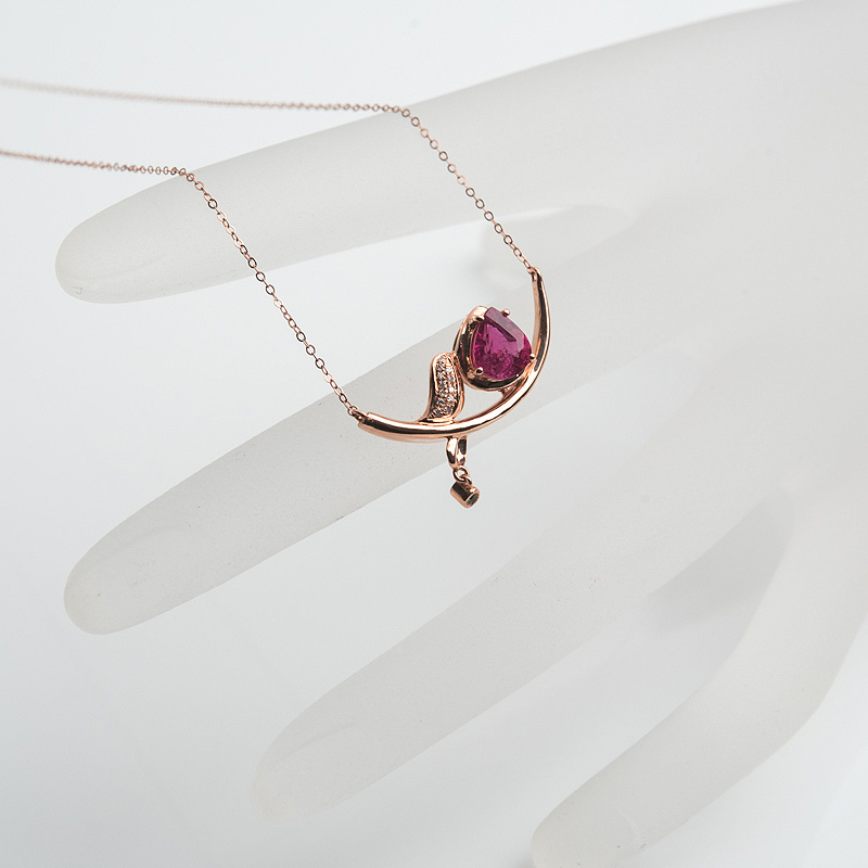 天然18K金镶钻玫红碧玺锁骨链-红掌柜