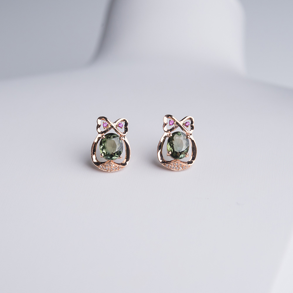 18K金镶钻绿色碧玺耳钉-红掌柜