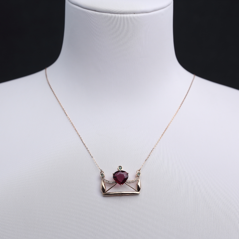 18K金镶钻巴西天然玫红碧玺锁骨链-红掌柜