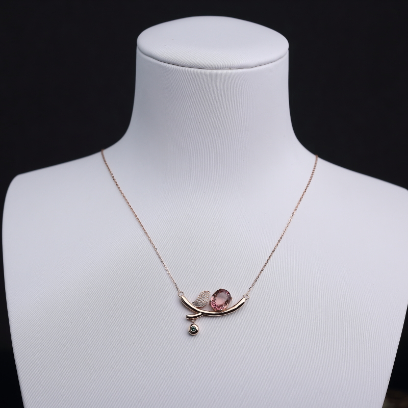 18K金镶钻巴西天然粉色碧玺锁骨链-红掌柜