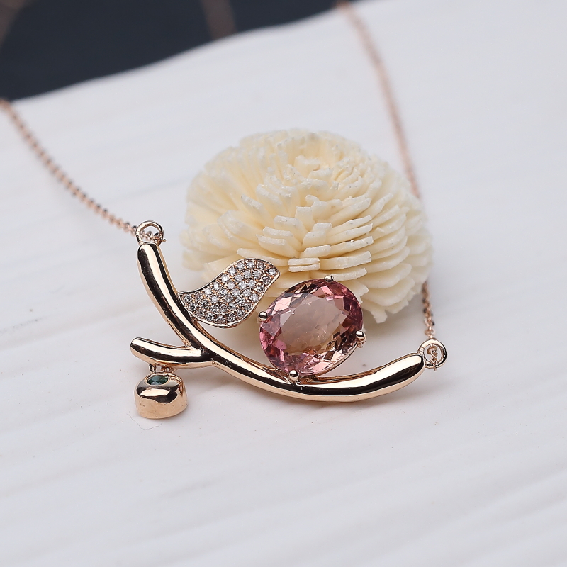 18K金镶钻天然粉色碧玺锁骨链-红掌柜