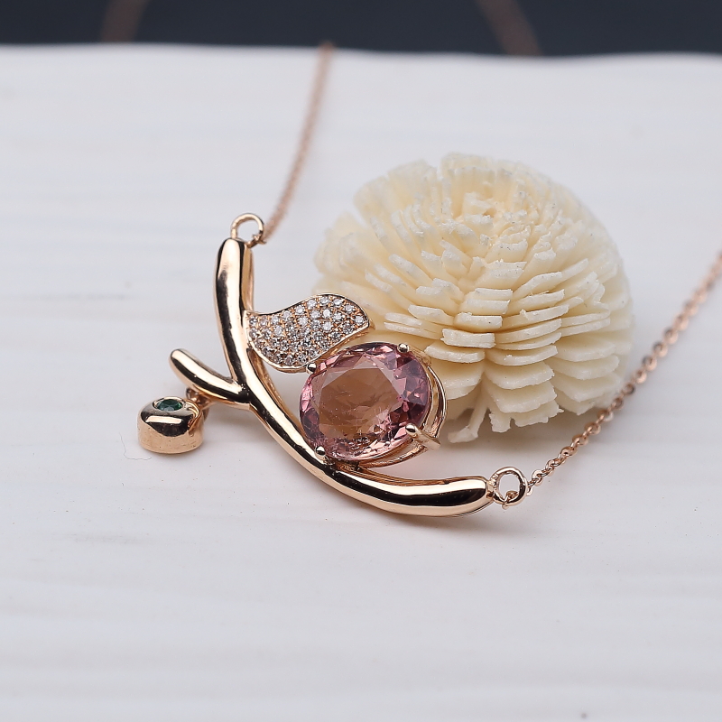 18K金镶钻巴西粉色碧玺锁骨链-红掌柜