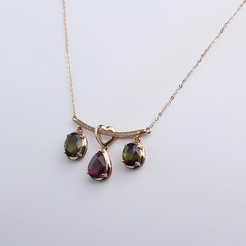 18K金镶钻巴西双色碧玺锁骨链-红掌柜