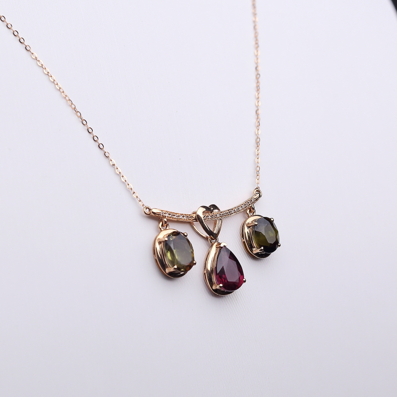 18K金镶钻巴西天然碧玺锁骨链-红掌柜