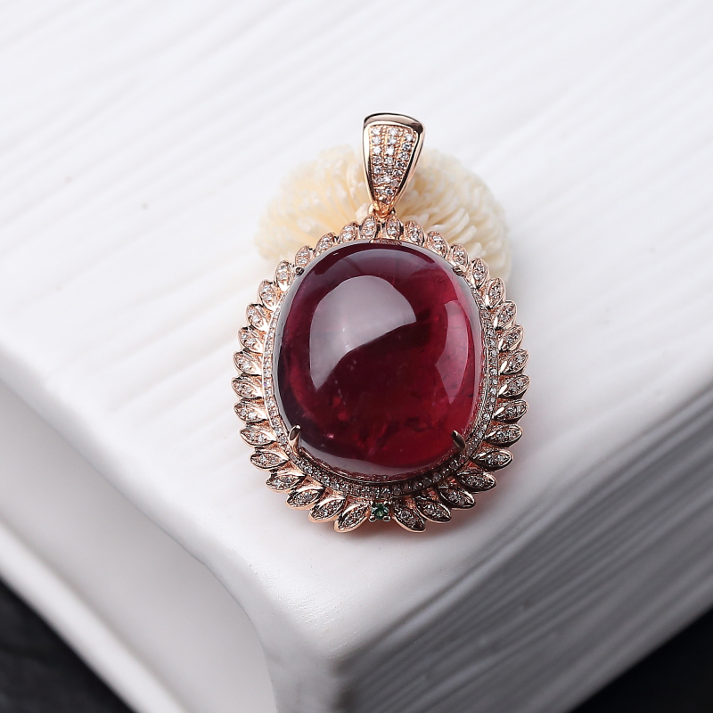 18K金镶钻巴西天然卢比莱色碧玺吊坠-红掌柜
