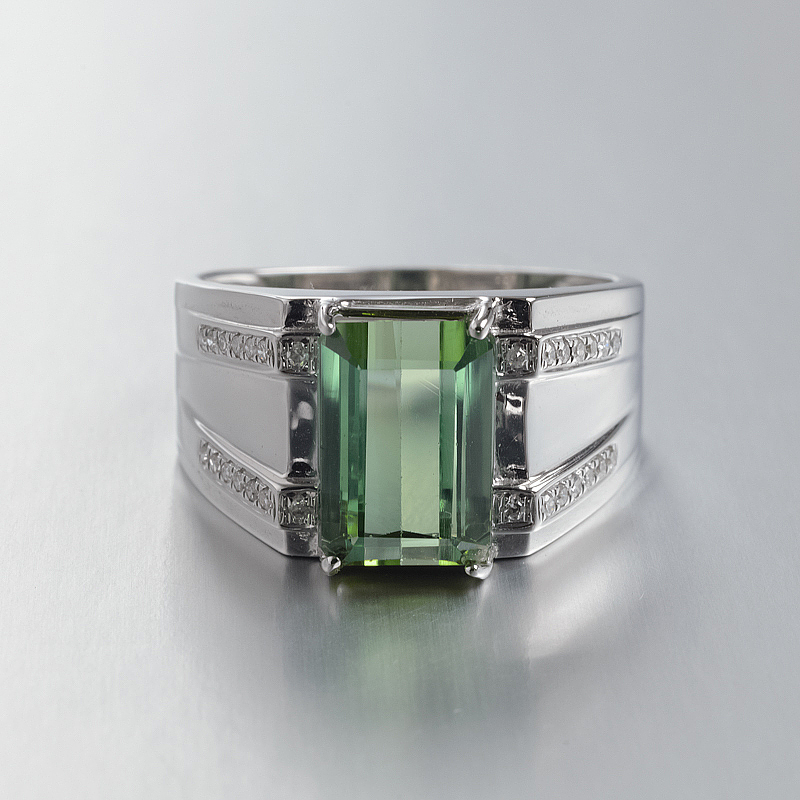 18K金镶钻绿碧玺男戒-红掌柜