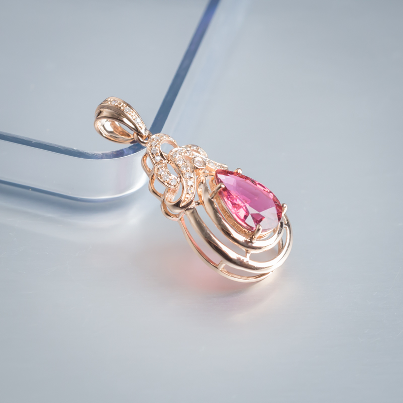 天然18K金镶钻碧玺吊坠-红掌柜