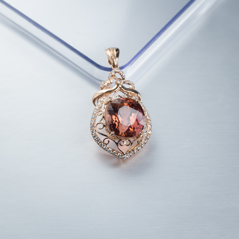 巴西天然18K金镶钻碧玺吊坠-红掌柜