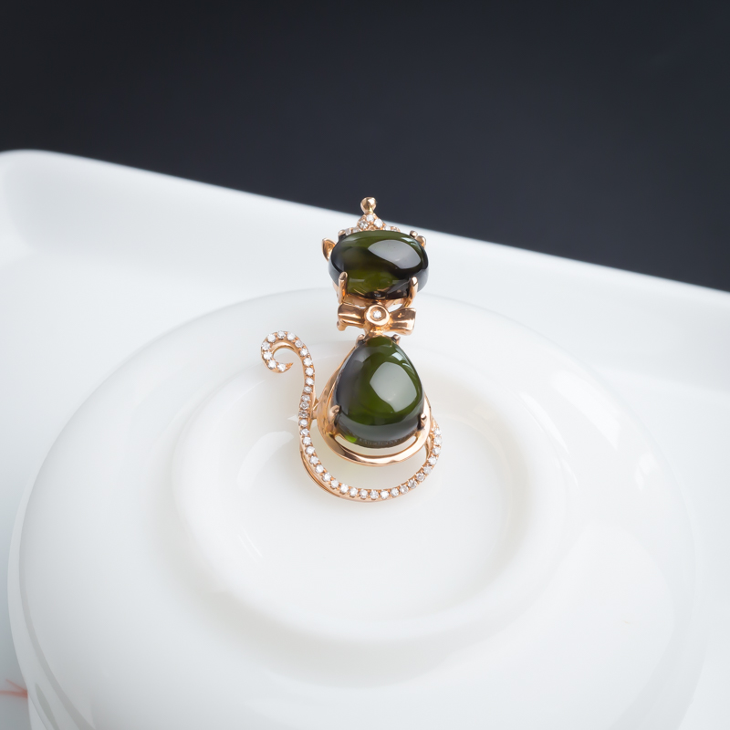 18K金镶钻巴西天然碧玺猫咪吊坠 - 红掌柜