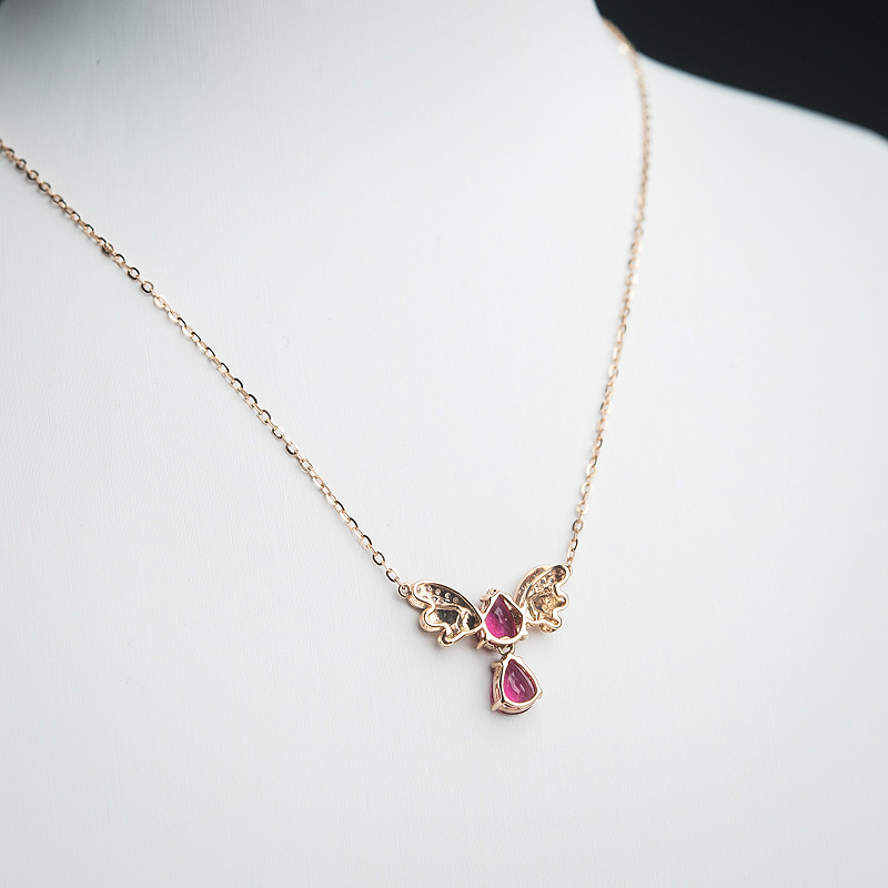 天然18K金镶钻卢比莱色碧玺锁骨链-红掌柜