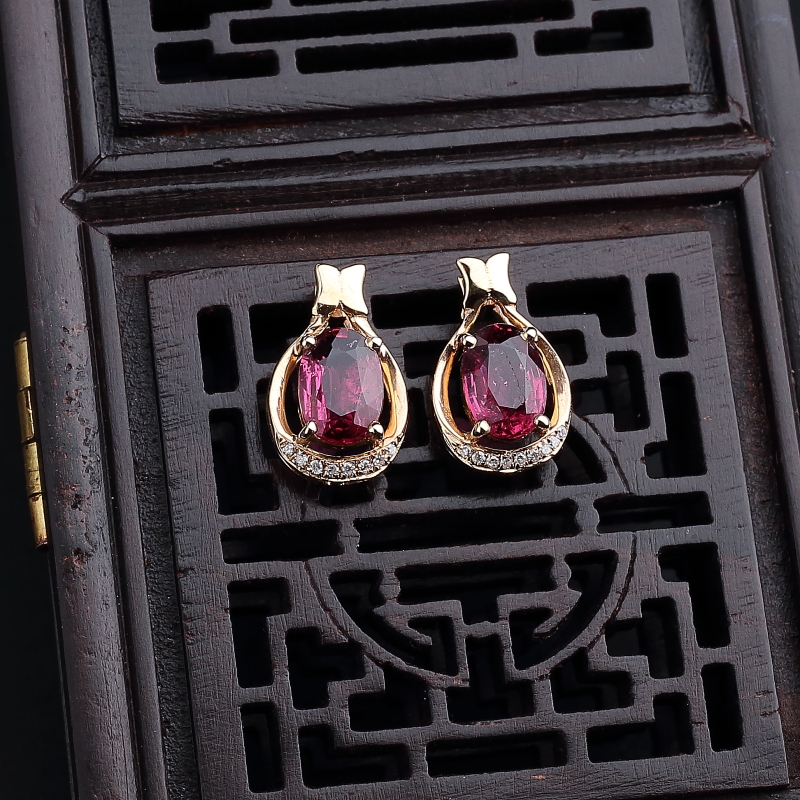 18K金镶钻天然巴西碧玺耳钉 - 红掌柜