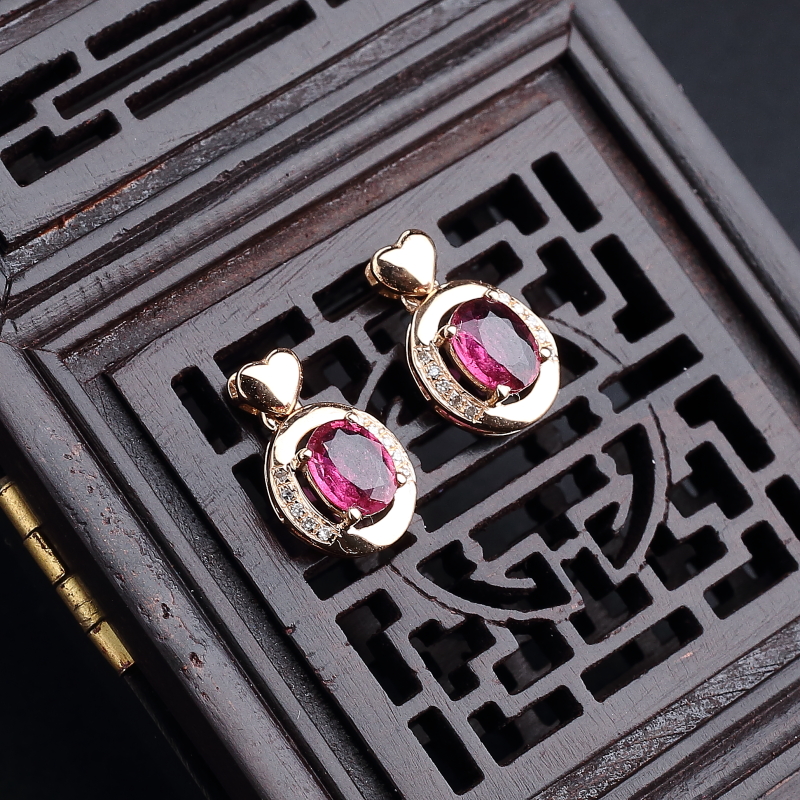 K金镶钻天然巴西碧玺耳钉 - 红掌柜