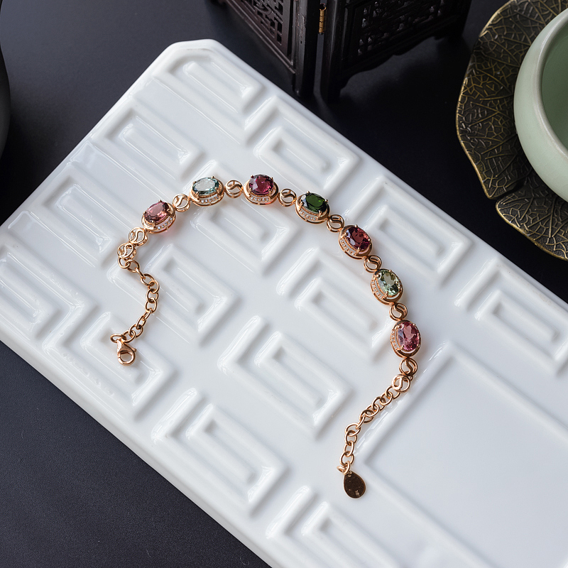 18K金镶钻天然巴西彩色碧玺手链 - 红掌柜