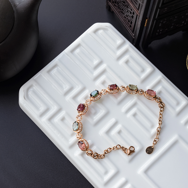 K金镶钻天然巴西彩色碧玺手链 - 红掌柜