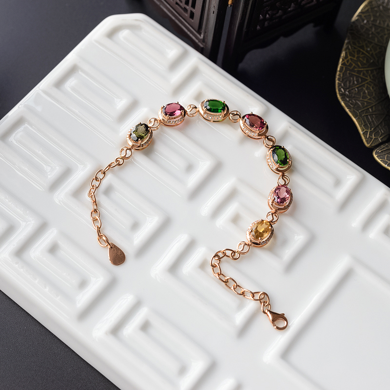 18K金镶钻天然巴西彩色碧玺手链 - 红掌柜